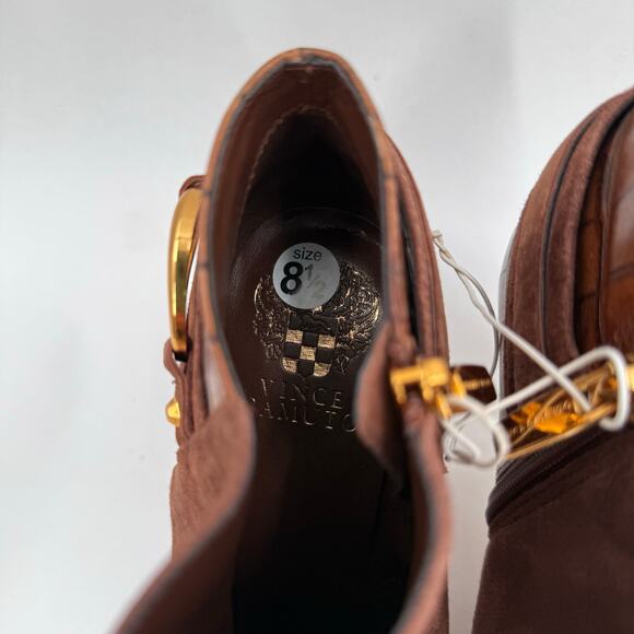 VINCE CAMUTO Selmente Boots SZ 8.5 NWOT Brown Suede Gold Heel Bootie Zipper Croc - Picture 6 of 15